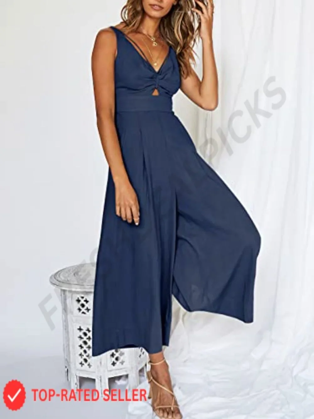 Women's Linen Blend Wide Leg Sleeveless Jumpsuit V-Neck Cutout High Waist Romper